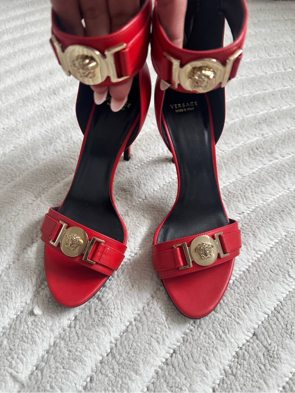 Versace Red Leather Medusa-Emblem Stiletto Sandals